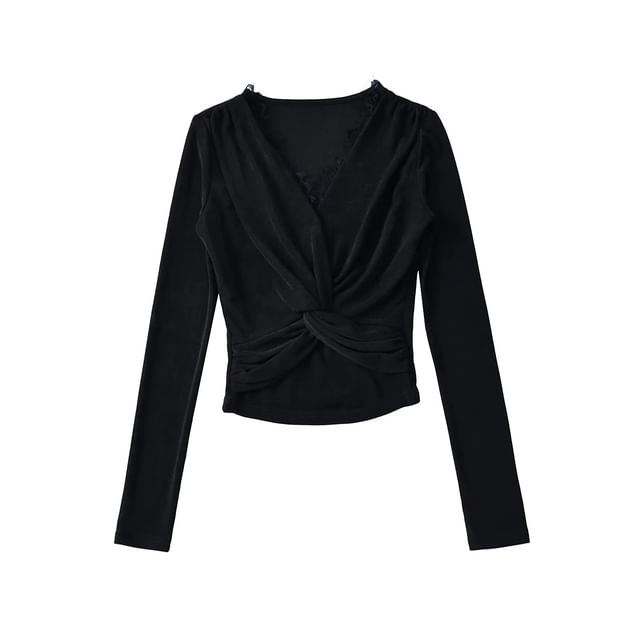 Twist-Front Lace-Trim V-Neck Crop Top