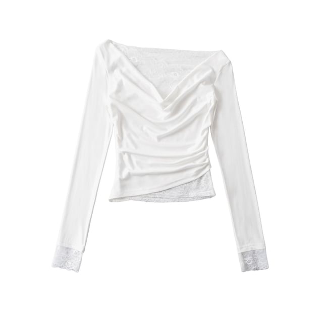 Cowl V-Neck Lace Ruffle Long-Sleeve Tee