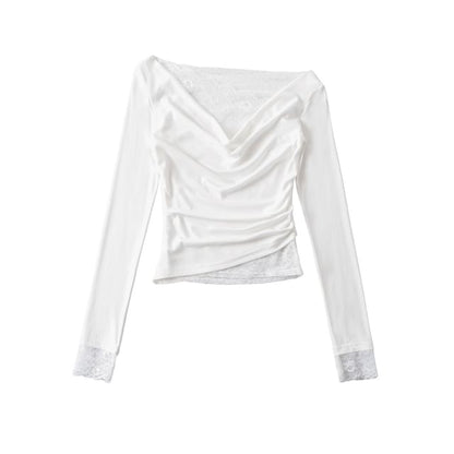 Cowl V-Neck Lace Ruffle Long-Sleeve Tee