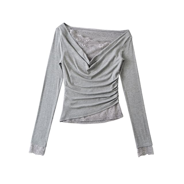 Cowl V-Neck Lace Ruffle Long-Sleeve Tee