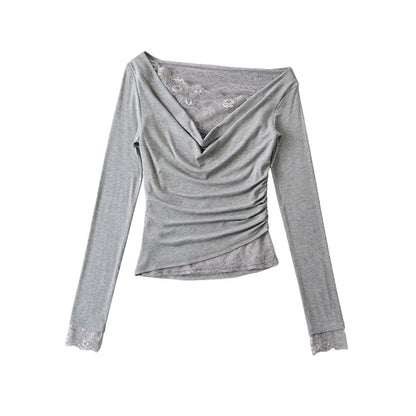 Cowl V-Neck Lace Ruffle Long-Sleeve Tee