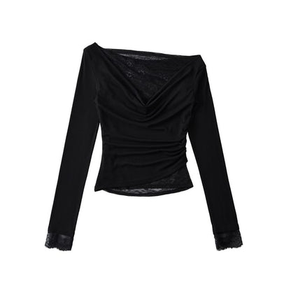 Cowl V-Neck Lace Ruffle Long-Sleeve Tee