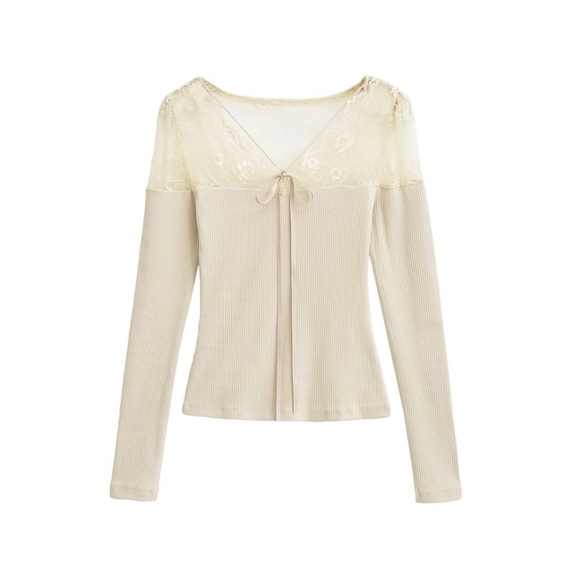 Ribbed Knit Lace Panel V-Neck Top