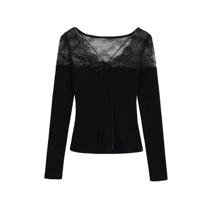 Ribbed Knit Lace Panel V-Neck Top
