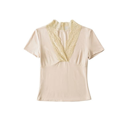 Lace-Trim V-Neck Short-Sleeve Tee
