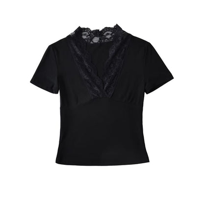 Lace-Trim V-Neck Short-Sleeve Tee