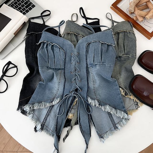 Frayed Denim Lace-Up Camisole - Washed