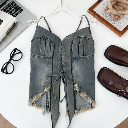 Frayed Denim Lace-Up Camisole - Washed
