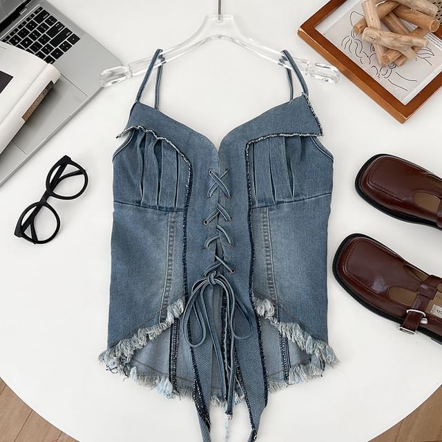 Frayed Denim Lace-Up Camisole - Washed