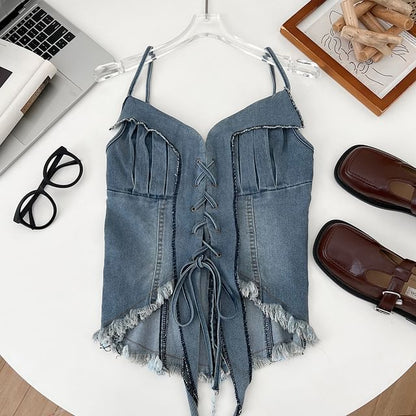 Frayed Denim Lace-Up Camisole - Washed
