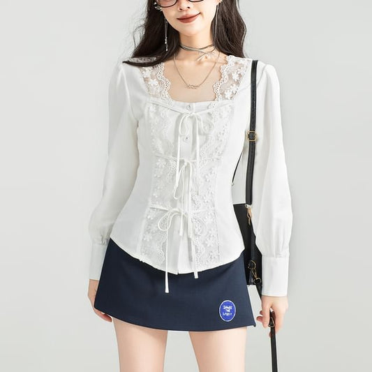 Square Neck Lace Trimmed Long-Sleeved Blouse