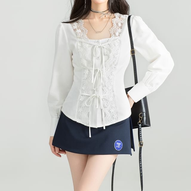 Square Neck Lace Trimmed Long-Sleeved Blouse