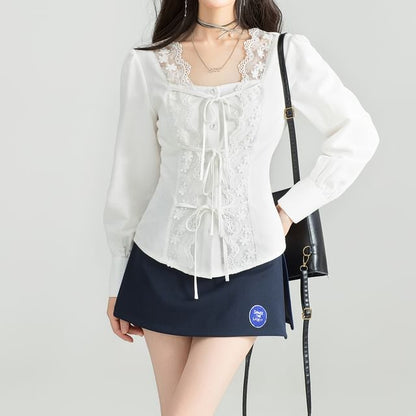 Square Neck Lace Trimmed Long-Sleeved Blouse