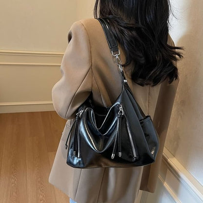 Zip Panel Faux Leather Shoulder Bag