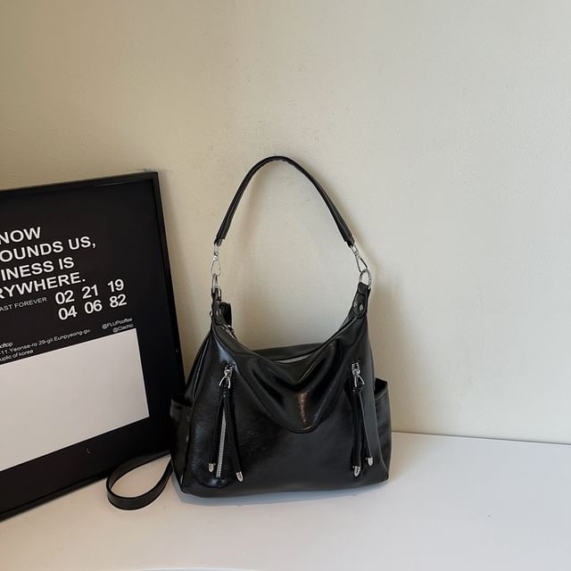 Zip Panel Faux Leather Shoulder Bag