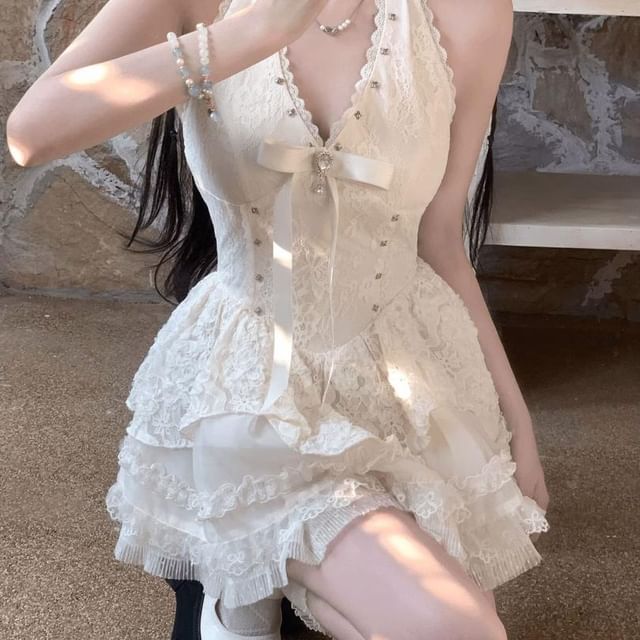 Halter V-Neck Bow Accent Studded Open Back Lace Mini A-Line Dress / Plain Button-Up Crop Cardigan