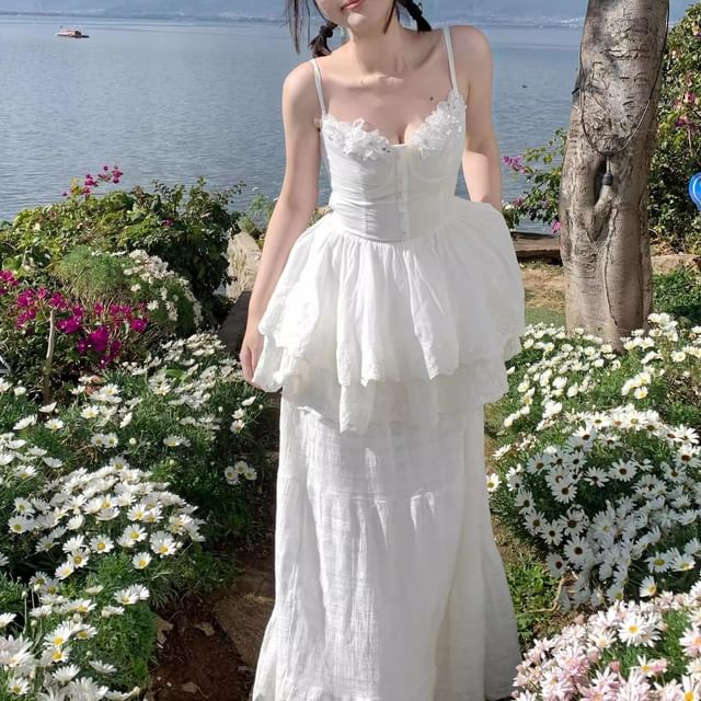 Spaghetti Strap V-Neck Plain Lace Panel Layered Mini A-Line Dress / High Waist Maxi A-Line Skirt