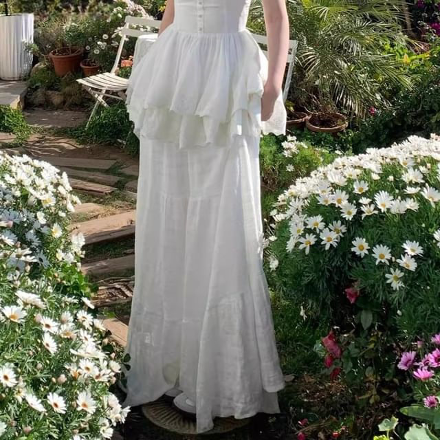 Spaghetti Strap V-Neck Plain Lace Panel Layered Mini A-Line Dress / High Waist Maxi A-Line Skirt