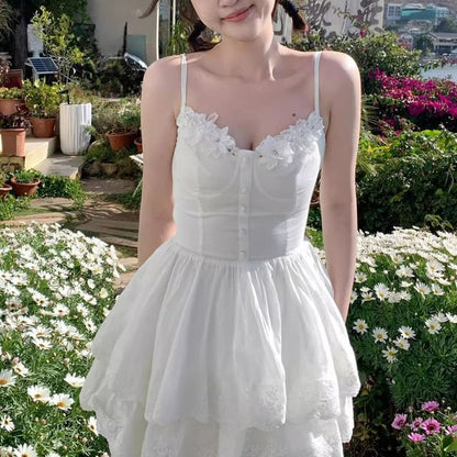 Spaghetti Strap V-Neck Plain Lace Panel Layered Mini A-Line Dress / High Waist Maxi A-Line Skirt