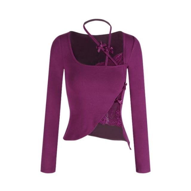Halter-Neck Lace Panel Asymmetrical Crop Tee