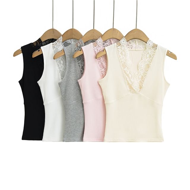 V-Neck Lace Trim Sleeveless Crop Top