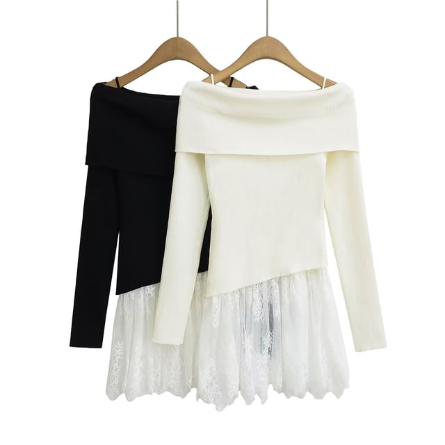Off Shoulder Knit Top Lace Panel Camisole Set