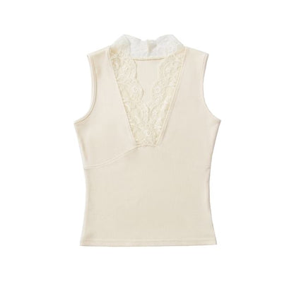 V-Neck Lace Trim Sleeveless Crop Top