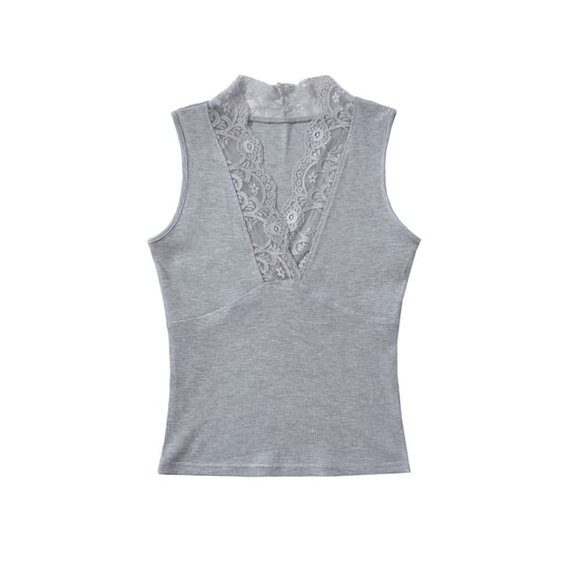 V-Neck Lace Trim Sleeveless Crop Top