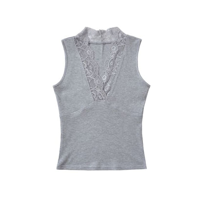 V-Neck Lace Trim Sleeveless Crop Top