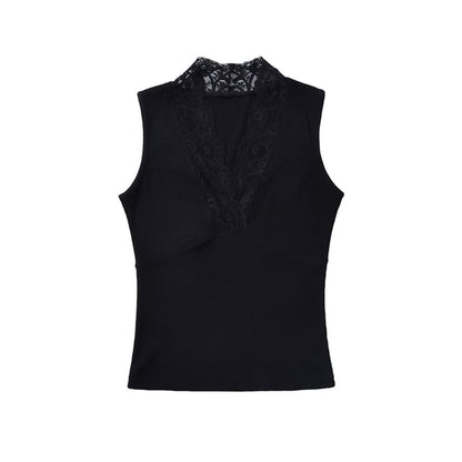 V-Neck Lace Trim Sleeveless Crop Top