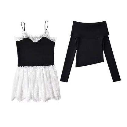 Off Shoulder Knit Top Lace Panel Camisole Set