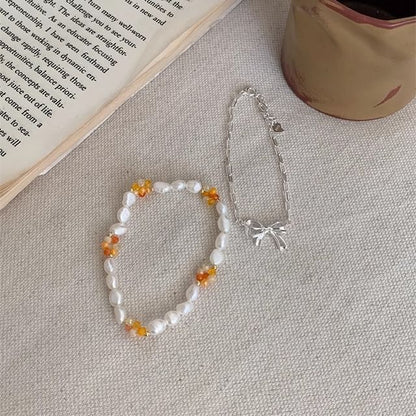 Sterling Bow Pearl Beaded Bracelet Natural / Silver 925