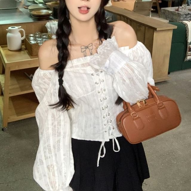 Off-Shoulder Lace-Up Long-Sleeve Crop Top