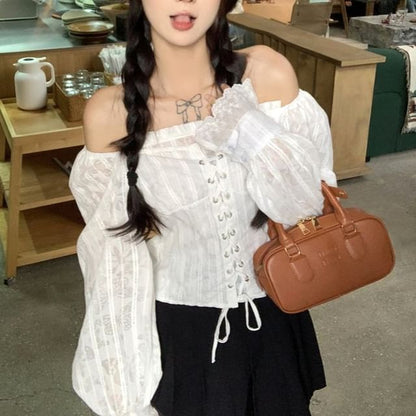 Off-Shoulder Lace-Up Long-Sleeve Crop Top