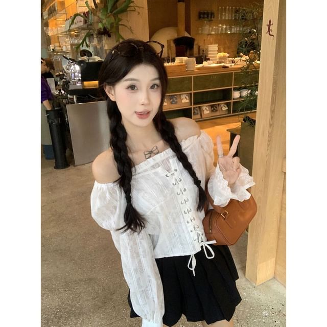 Off-Shoulder Lace-Up Long-Sleeve Crop Top