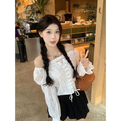 Off-Shoulder Lace-Up Long-Sleeve Crop Top