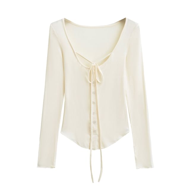 Button-Up Lace-Up Scoop Neck Long-Sleeved Tee