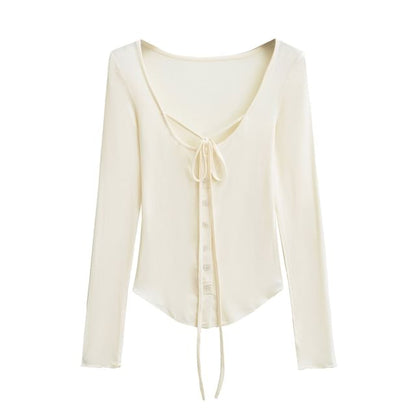 Button-Up Lace-Up Scoop Neck Long-Sleeved Tee