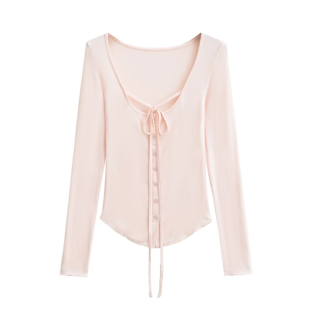 Button-Up Lace-Up Scoop Neck Long-Sleeved Tee