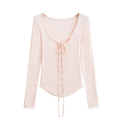Button-Up Lace-Up Scoop Neck Long-Sleeved Tee