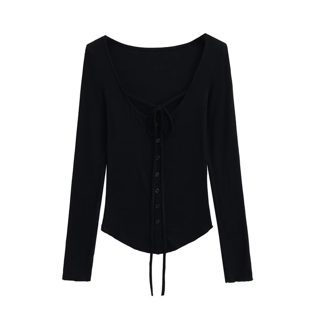 Button-Up Lace-Up Scoop Neck Long-Sleeved Tee