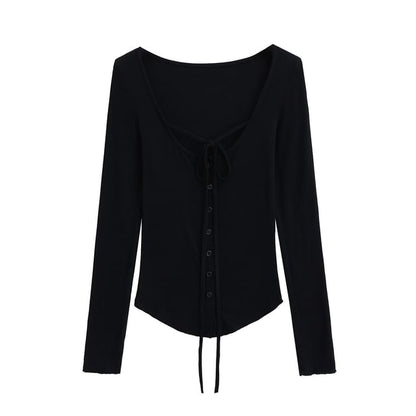 Button-Up Lace-Up Scoop Neck Long-Sleeved Tee