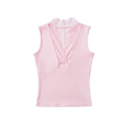 Lace Trim V-Neck Sleeveless Tank Top