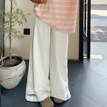 Striped Oversized Scoop Neck Tee Wide Leg Lace Pants