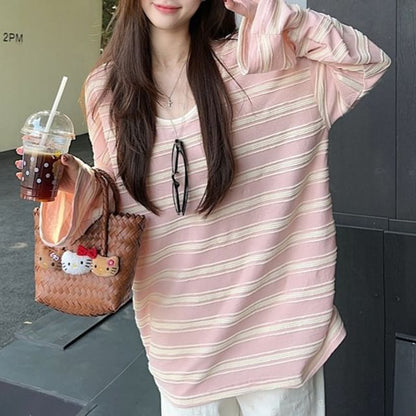 Striped Oversized Scoop Neck Tee Wide Leg Lace Pants