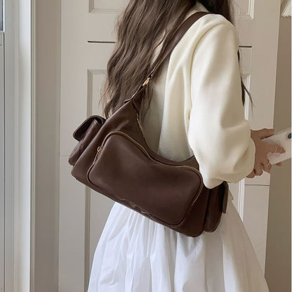 Faux Leather Plain Zip Shoulder Bag