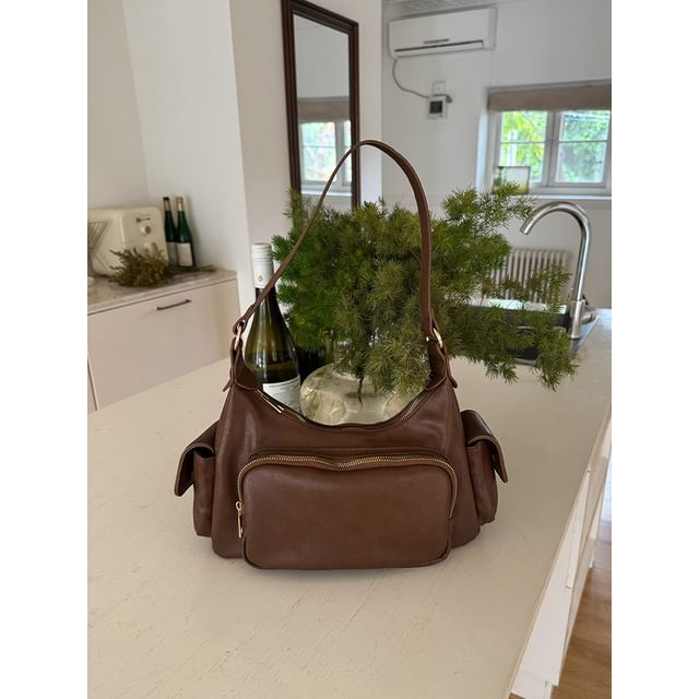Faux Leather Plain Zip Shoulder Bag