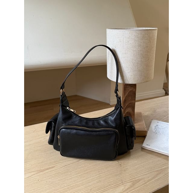 Faux Leather Plain Zip Shoulder Bag
