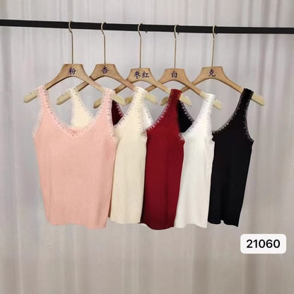 Ribbed Lace-Trim V-Neck Sleeveless Knit Top