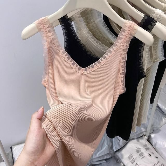 Ribbed Lace-Trim V-Neck Sleeveless Knit Top